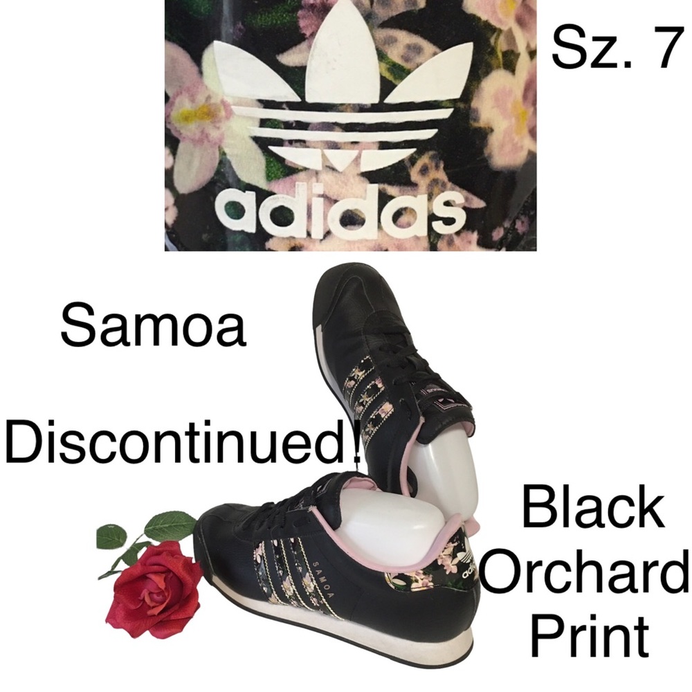Adidas Original Samoa Black Orchard Print 3 Stripes Discontinued Sz 7 EUC